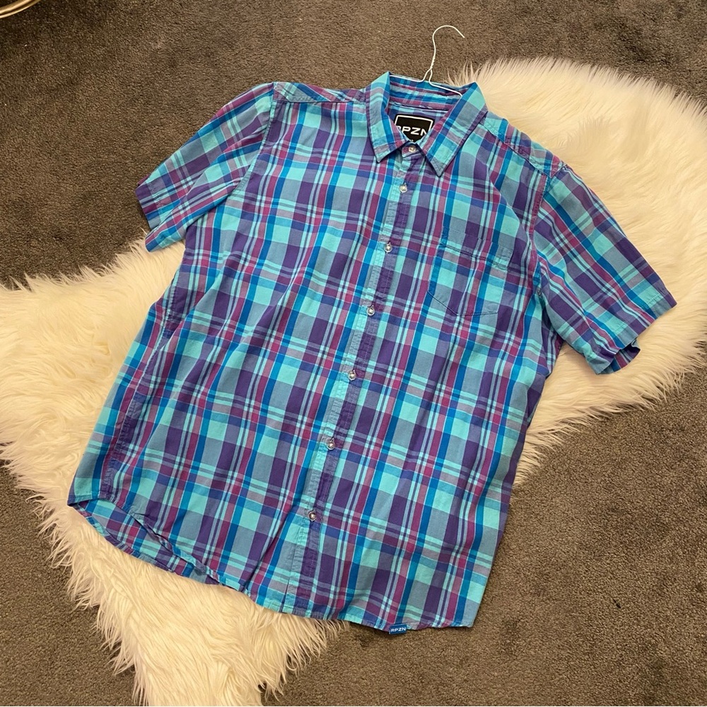 Men's Blue and Purple Plaid Button-Down Shirt